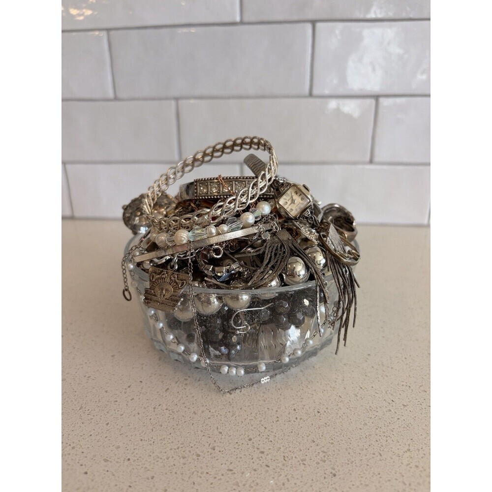 Vtg Mystery Jewelry Jar  Mixed Metal Gold & Silver Tone Real Pearls Gold Watch